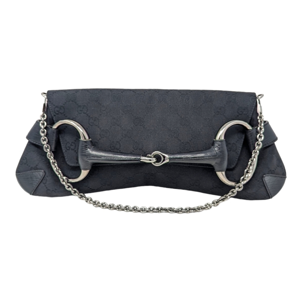 GUCCI GG monogram horsebit clutch shoulder bag handbag Tom Ford black canvas